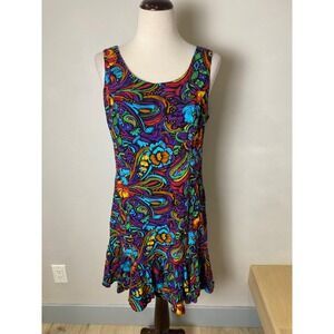 Vintage 90s Multi Color Floral Paisley Ruffle Hem Rayon Dress Party Summer